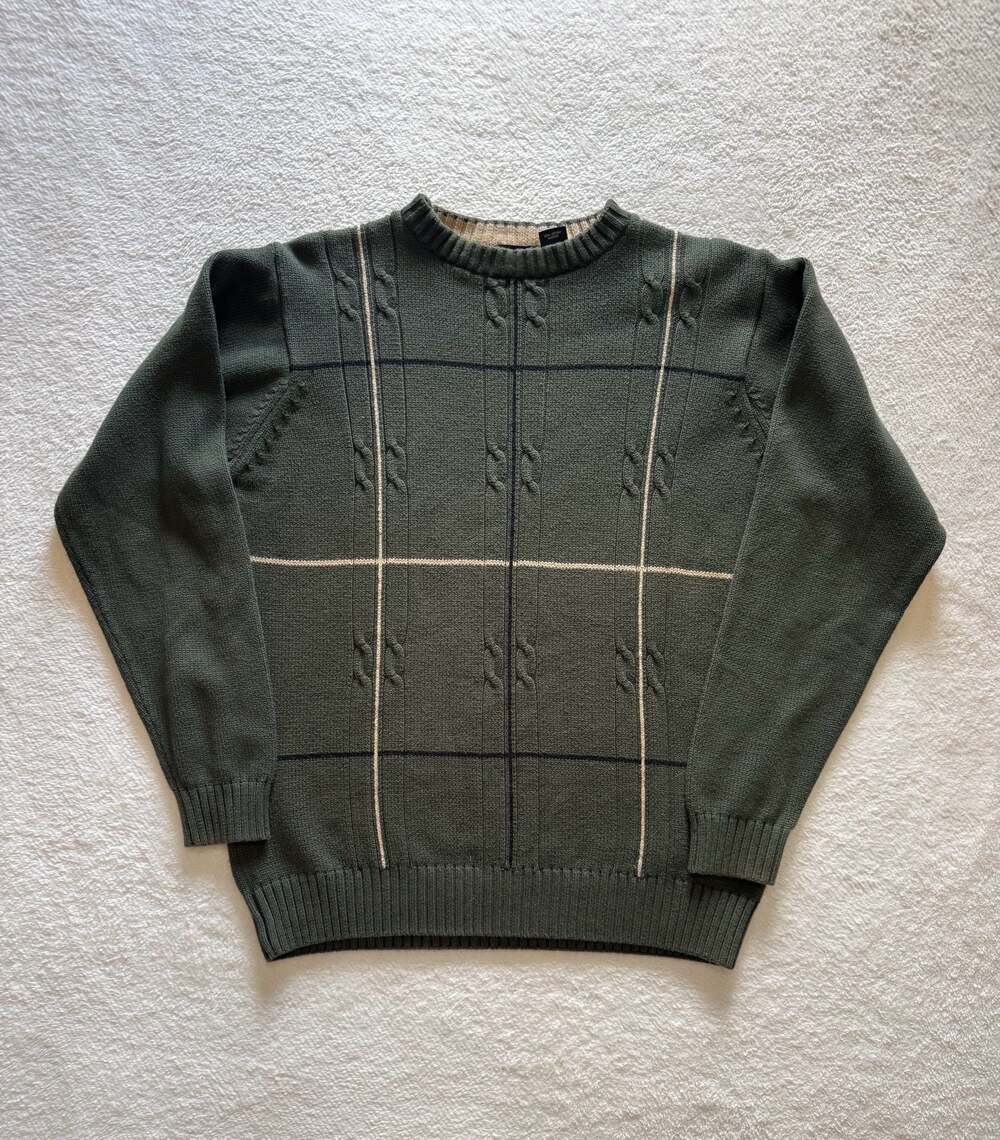 Haggar Men's Green Cotton Cable Knit Plaid Crewneck Sweater Size Large